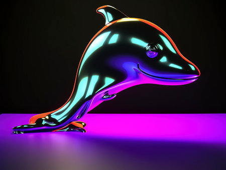 3d rendering of a dolphin in neon light on a black backgroundの素材