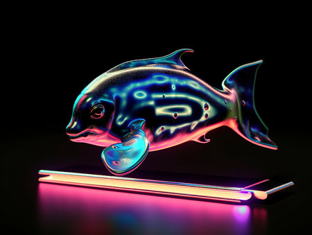 3d illustration of a fish in neon light on a black backgroundの素材