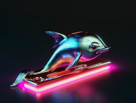 Neon dolphin icon on dark background. 3D rendering. Neon sign.の素材