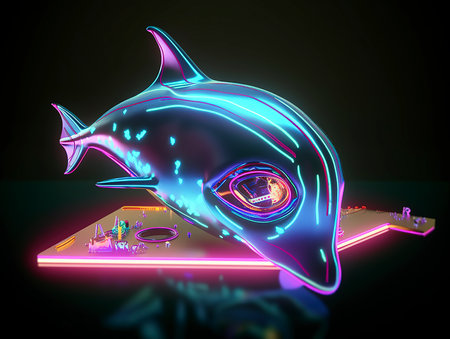 Neon dolphin on the tablet. 3d illustration. Technology concept.の素材