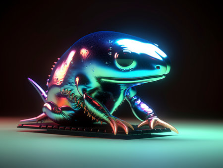 3d rendering of a frog on a computer keyboard in neon lightの素材
