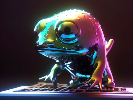 Frog on computer keyboard. 3D render. Neon light.の素材