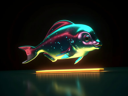 3D rendering of a neon fish on a dark background. Neon light.の素材