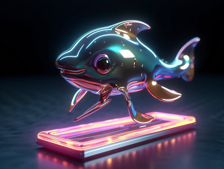 Funny fish in neon light, 3d render, square imageの素材