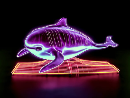 3d rendering of a dolphin with neon lights on a black backgroundの素材