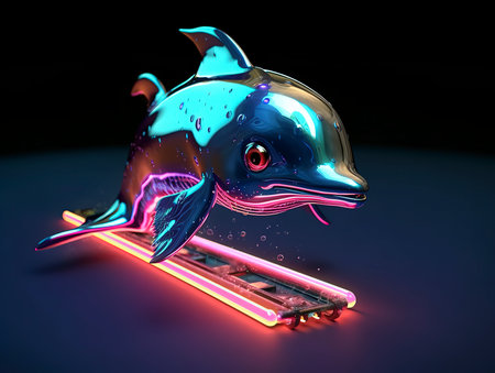 3d rendering of a dolphin on a conveyor belt in neon lightの素材