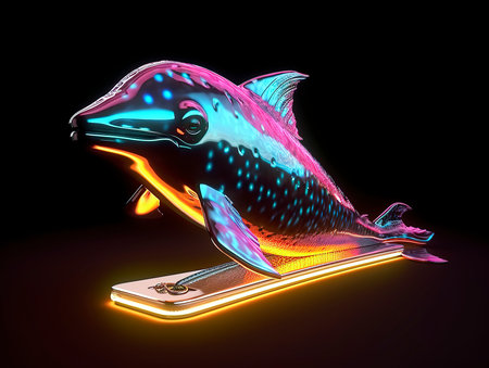 Dolphin on a mobile phone. 3d render on black backgroundの素材