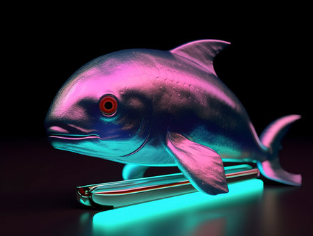 A 3D render of a plastic fish with a neon tube.の素材