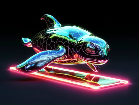 3D render of a holographic turtle in neon light on a black backgroundの素材