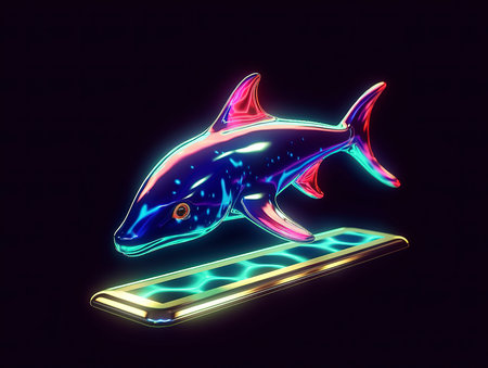 shark and smartphone on a black background, neon light, illustrationの素材