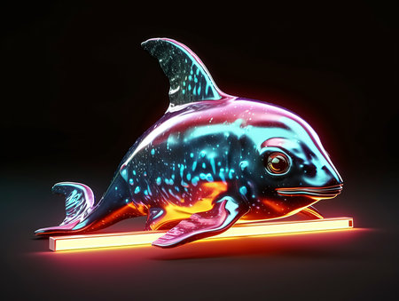 Neon dolphin on a black background. 3D rendering. Neon sign.の素材