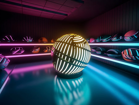 3d rendering of an abstract disco ball in a nightclub with neon lightsの素材
