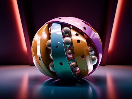 3d rendering of a lot of colorful balls in a dark roomの素材