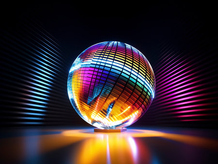 3d rendering of a disco ball on a black background with colorful lightsの素材