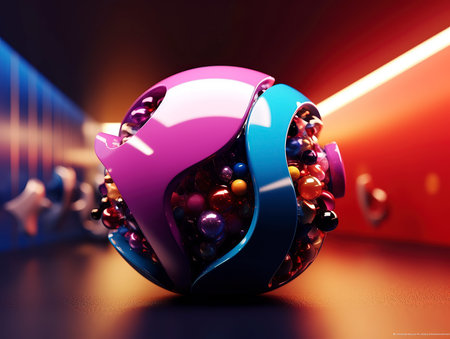 3d illustration of abstract geometric composition with spheres in blue and pink colorsの素材