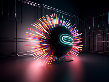 3d rendering of abstract sphere with neon lights in the dark roomの素材