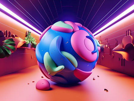 3d rendering of an abstract planet in the interior of a buildingの素材
