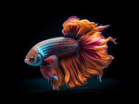 Capture the moving moment of red-blue siamese fighting fish isolated on black background. betta fish.の素材