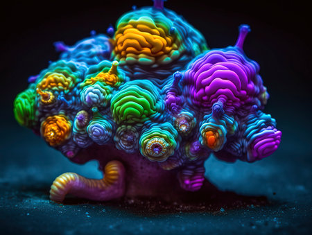 3d rendering of a colorful alien creature on dark toned backgroundの素材