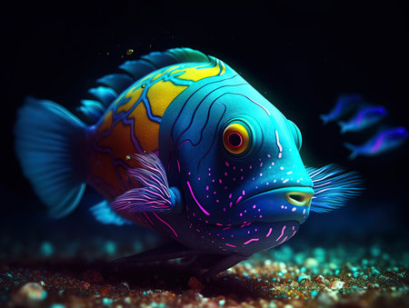 Blue and yellow tropical fish on the bottom of the sea, 3d illustrationの素材