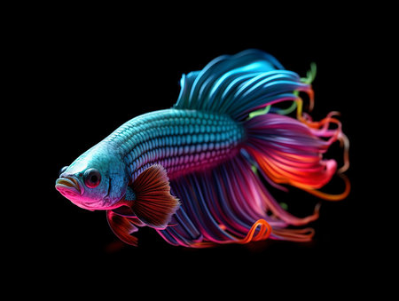 Capture the moving moment of blue siamese fighting fish isolated on black background. Betta fish.の素材