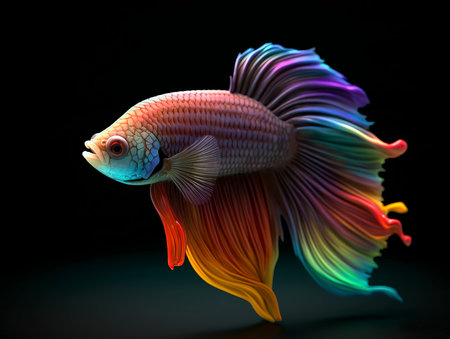 Capture the moving moment of red-blue siamese fighting fish isolated on black background. Betta fish.の素材