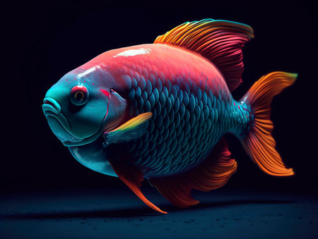 Colorful goldfish on a dark background. Fish in neon light.の素材