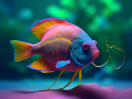 Colorful cichlid fish in aquarium. 3d renderの素材