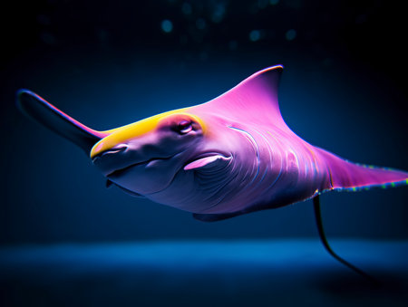 Stingray on a dark background in neon light. Close-up.の素材