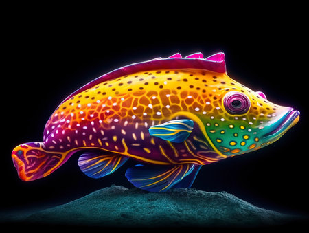 Colorful tropical fish isolated on black background. 3D illustration.の素材