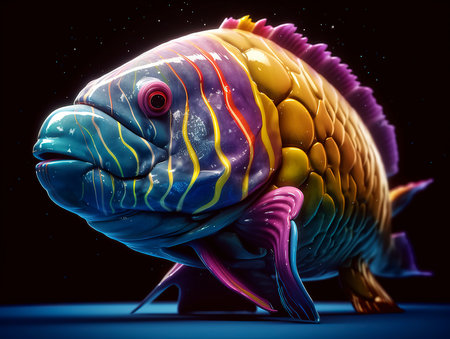 Colorful fish on a black background. 3d render illustration.の素材