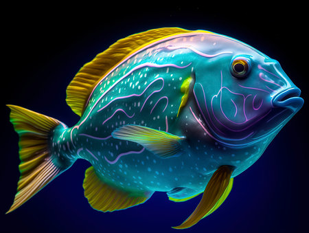 3D illustration of a tropical fish. Isolated on black background.の素材