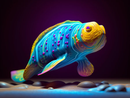 Colorful fish on the sand. 3d rendering. Computer digital drawing.の素材