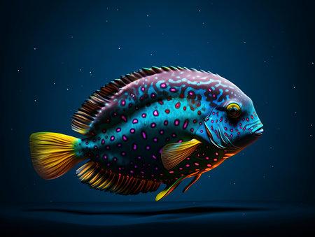 Illustration of a blue tropical fish on a dark background with starsの素材