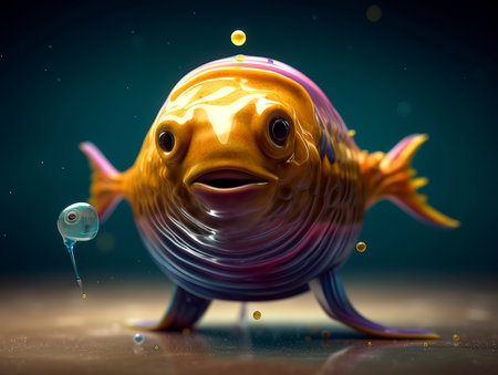 Funny fish with water drops on dark background. 3d illustrationの素材