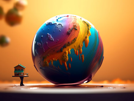 Little man with a house on the globe. 3D illustration.の素材