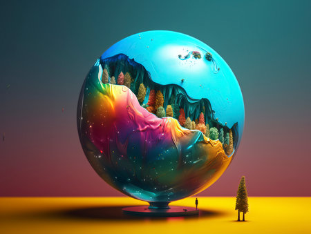 crystal ball with mountains and trees in the background. 3d renderの素材