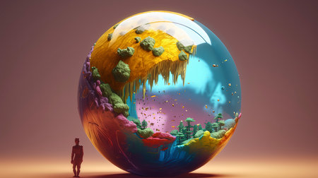 3d render of a man standing in front of a globe with a fantasy landscapeの素材