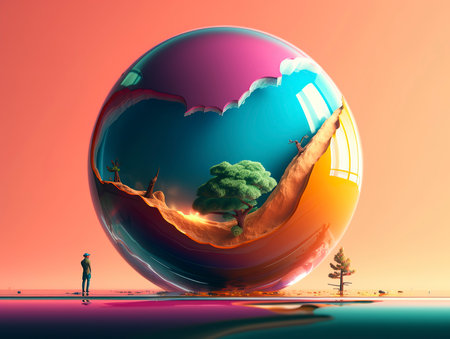 Fantasy landscape in a crystal ball. 3d render illustration.の素材