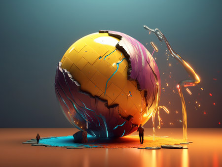 3d illustration of a man standing next to a broken globe.の素材