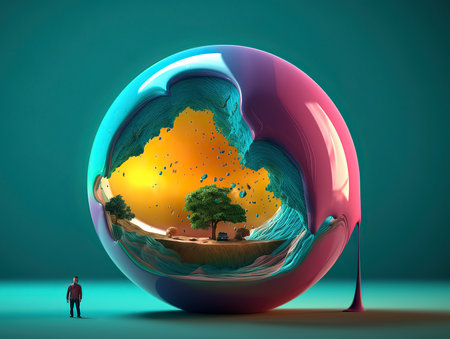 Conceptual image of a man looking at the planet Earth in the form of a sphereの素材