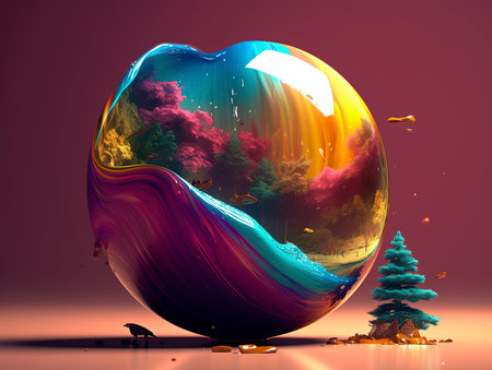 3d render of christmas tree in a glass ball with reflectionの素材