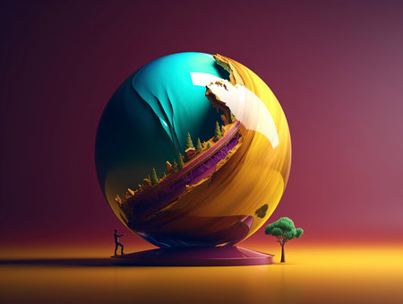 abstract scene with globe and man on red background, 3d renderの素材