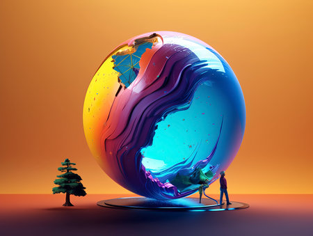 3d render, abstract background with globe and a man standing near itの素材