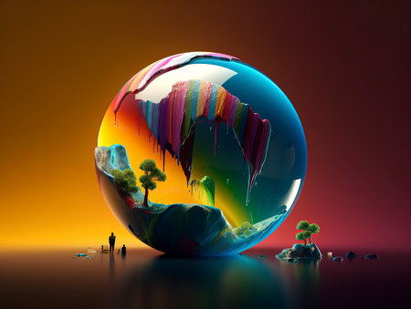 abstract scene with planet earth and trees, 3d render illustrationの素材