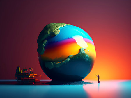 Businessman standing next to a globe. Concept of global business.の素材