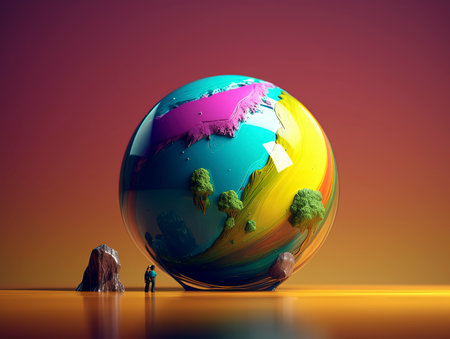 3D render of a globe with a man standing in front of itの素材