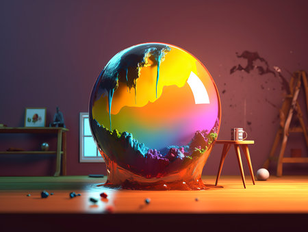 3d render of a colorful globe on a table in a roomの素材