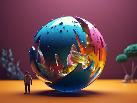 3d rendering of a man standing in front of an abstract globeの素材