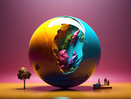 Abstract colorful planet with people and tree. 3d render illustration.の素材